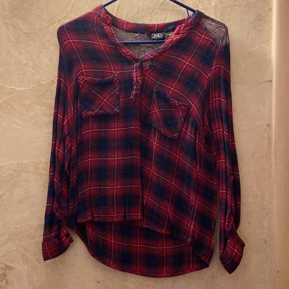Red and blue plaid long sleeve with beautiful embroidery on the back